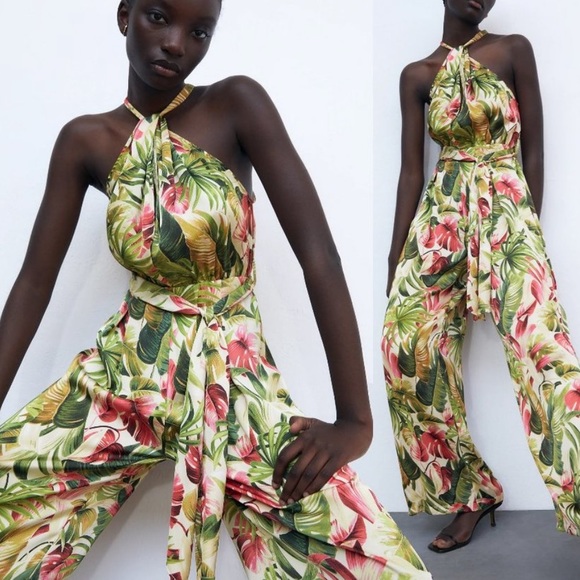 NEW Zara Tropical Print Silky Halter Long Jumpsuit, NWT